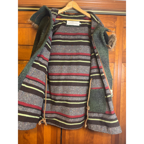 Artisan de Luxe Coat Toggle Closure Faux Fur Hood Multi Pocket Green/Brown M M - Picture 7 of 16